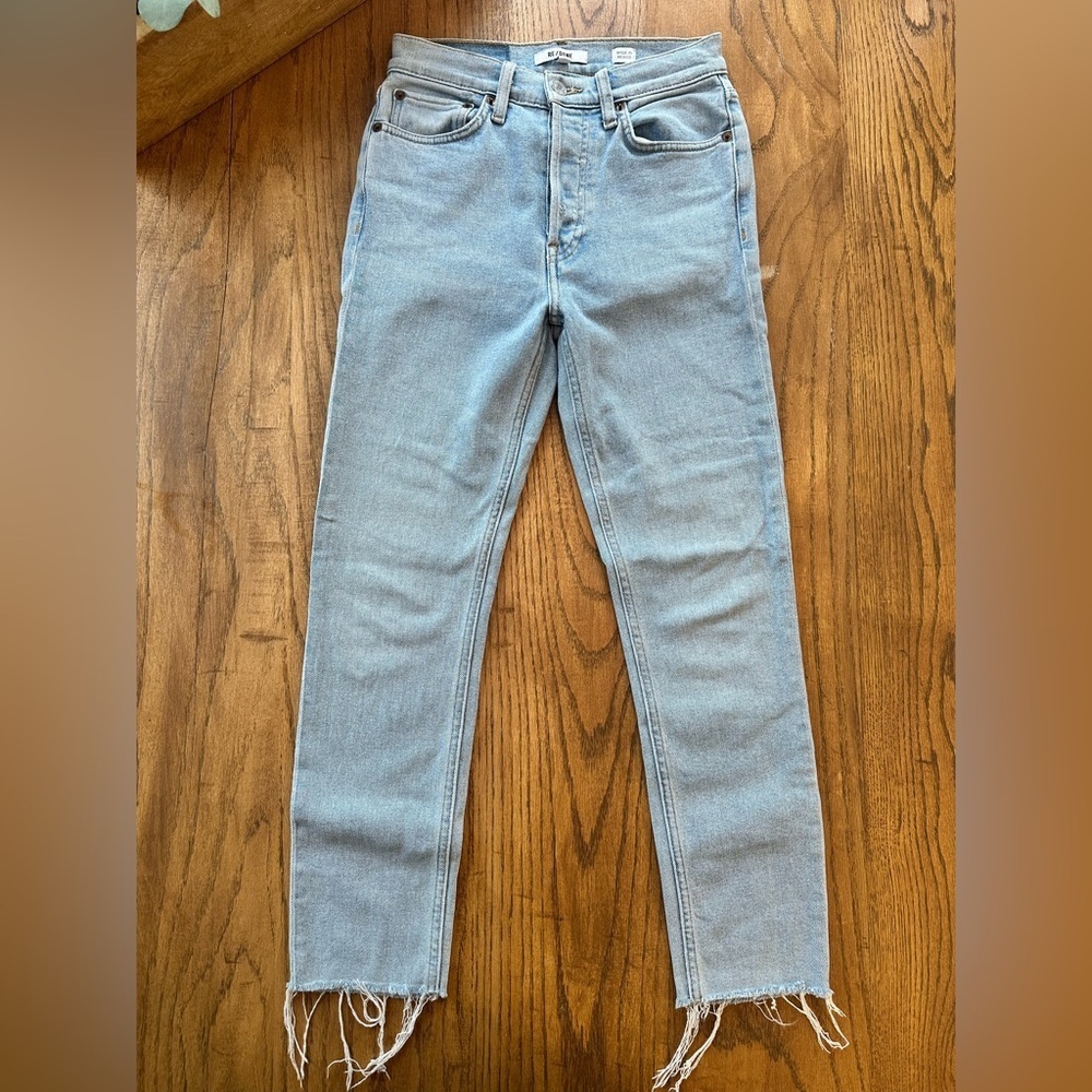 RE/DONE Jeans 90s High Rise Ankle Crop Raw Hem Button Fly Light Wash 25